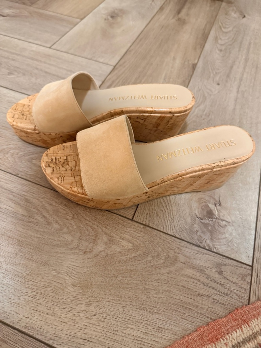 Stuart Weitzman Beige Suede Cork Platform Slides